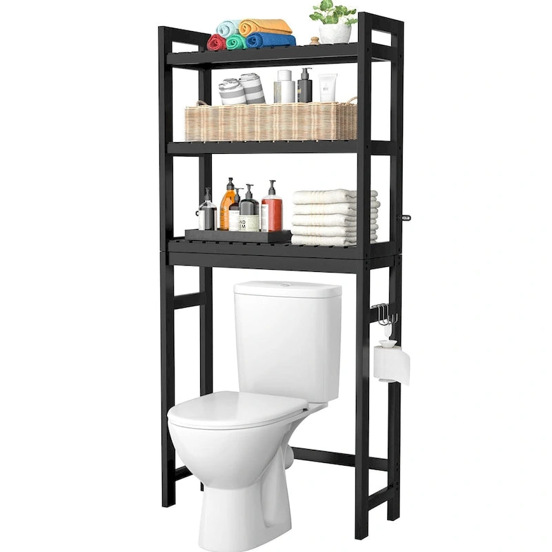 Étagère de rangement 3 niveaux en bambou à installer au-dessus des toilettes, avec 3 crochets, blanc / expresso / naturel / noir