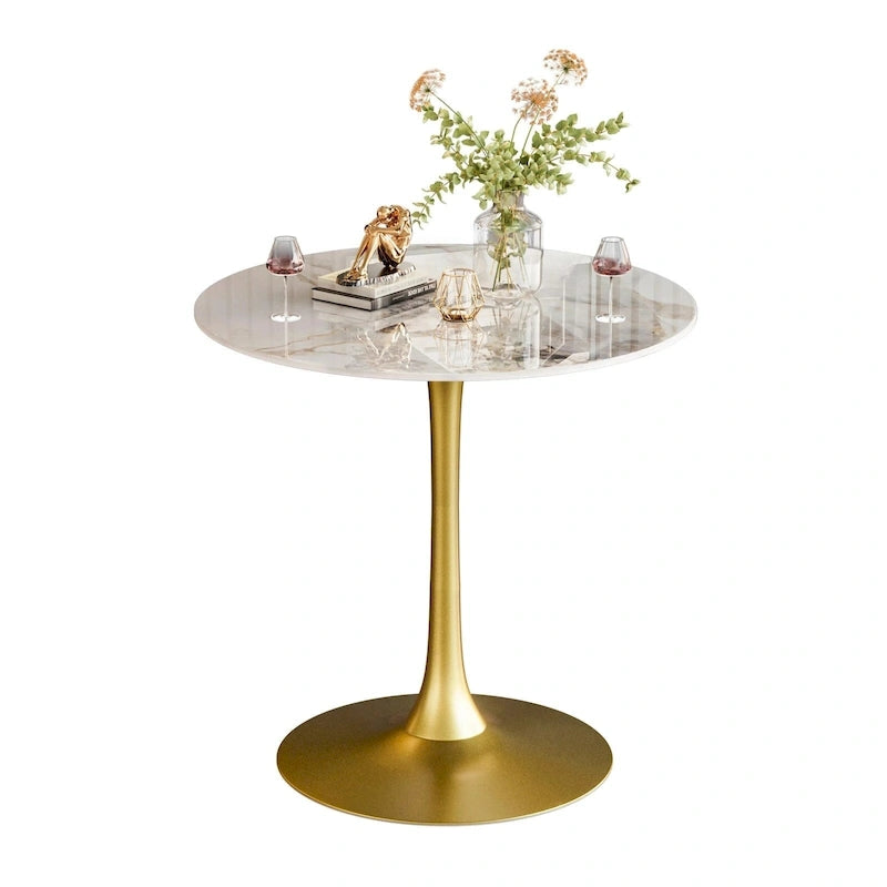 Table haute ronde de bar avec plateau en pierre frittée et pied central, Blanc antique / Jade / Blanc brillant, 2-3 places