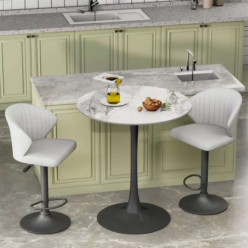Table haute ronde de bar avec plateau en pierre frittée et pied central, Blanc antique / Jade / Blanc brillant, 2-3 places