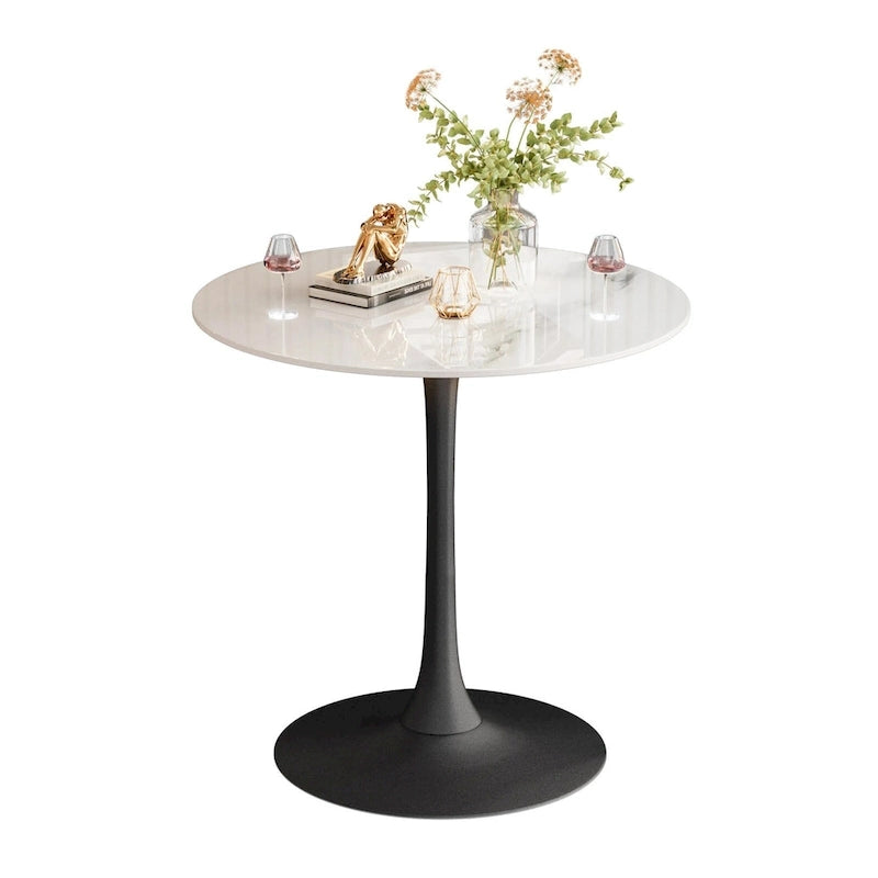 Table haute ronde de bar avec plateau en pierre frittée et pied central, Blanc antique / Jade / Blanc brillant, 2-3 places
