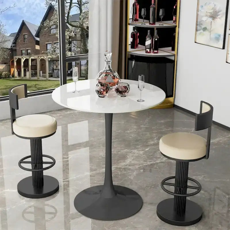 Table haute ronde de bar avec plateau en pierre frittée et pied central, Blanc antique / Jade / Blanc brillant, 2-3 places