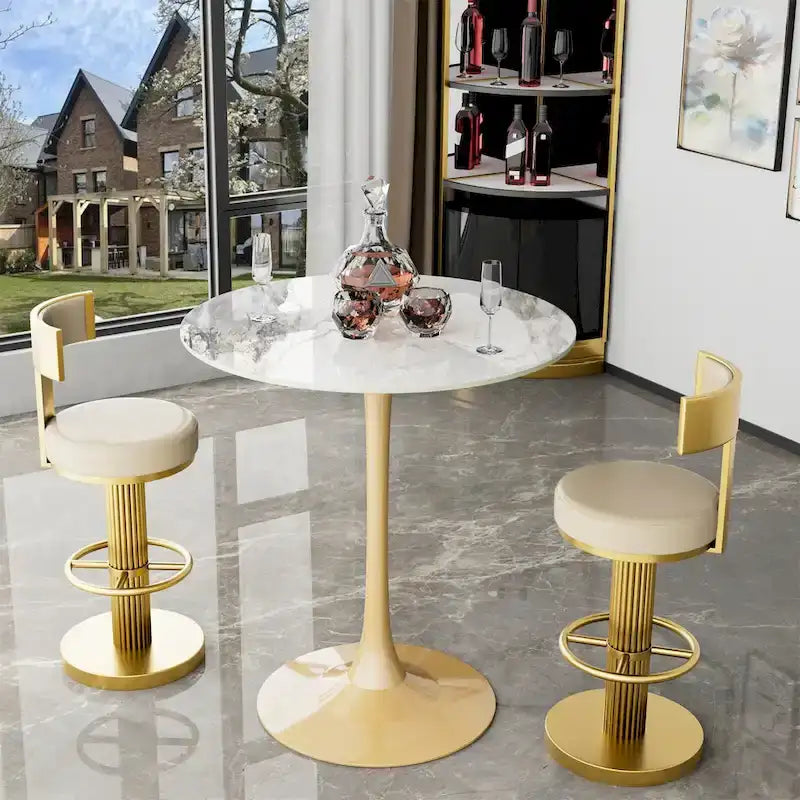 Table haute ronde de bar avec plateau en pierre frittée et pied central, Blanc antique / Jade / Blanc brillant, 2-3 places
