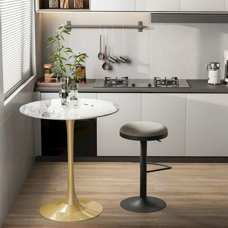 Table haute ronde de bar avec plateau en pierre frittée et pied central, Blanc antique / Jade / Blanc brillant, 2-3 places