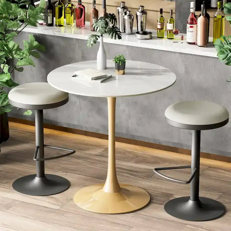 Table haute ronde de bar avec plateau en pierre frittée et pied central, Blanc antique / Jade / Blanc brillant, 2-3 places