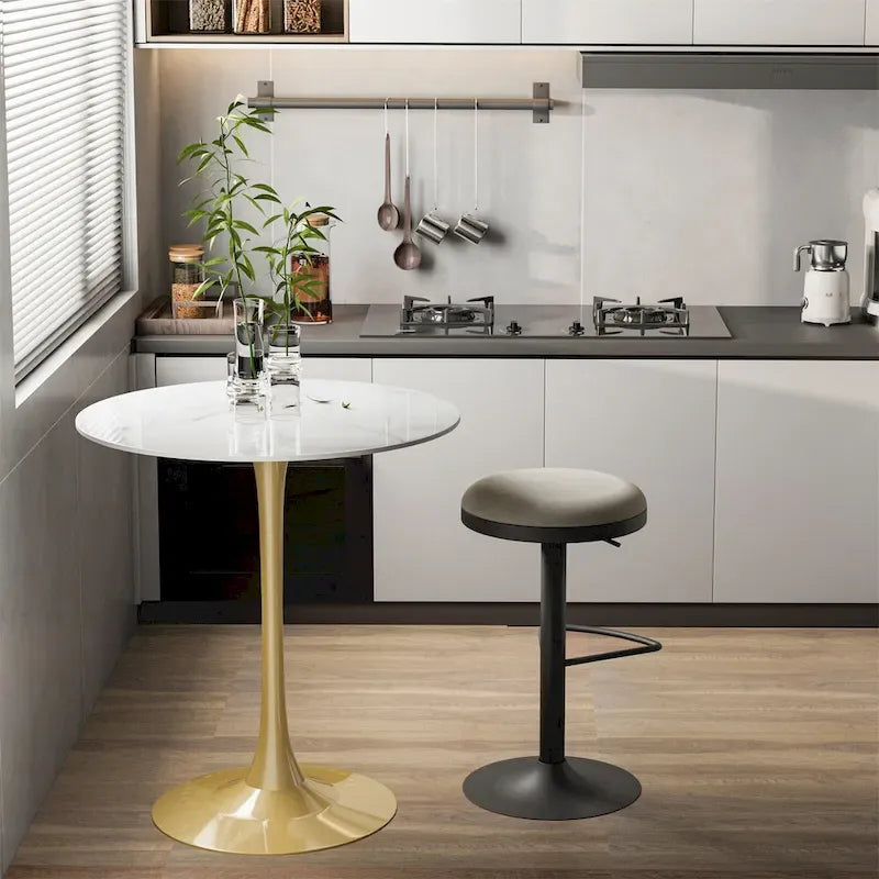 Table haute ronde de bar avec plateau en pierre frittée et pied central, Blanc antique / Jade / Blanc brillant, 2-3 places