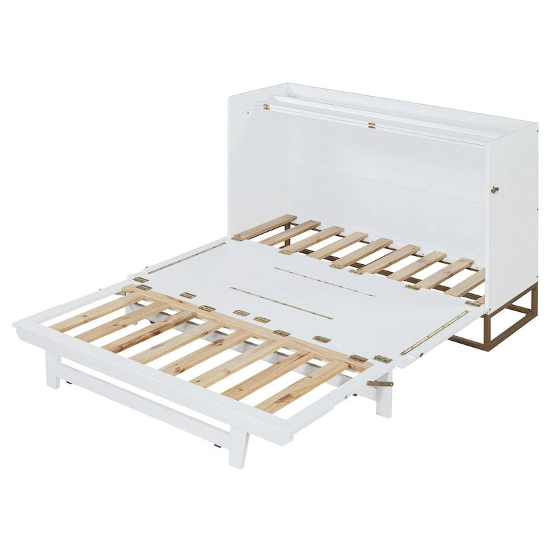 Lit escamotable Queen Size avec armoire rabattable et surface d'exposition, blanc / gris