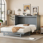 Lit escamotable Queen Size avec armoire rabattable et surface d'exposition, blanc / gris