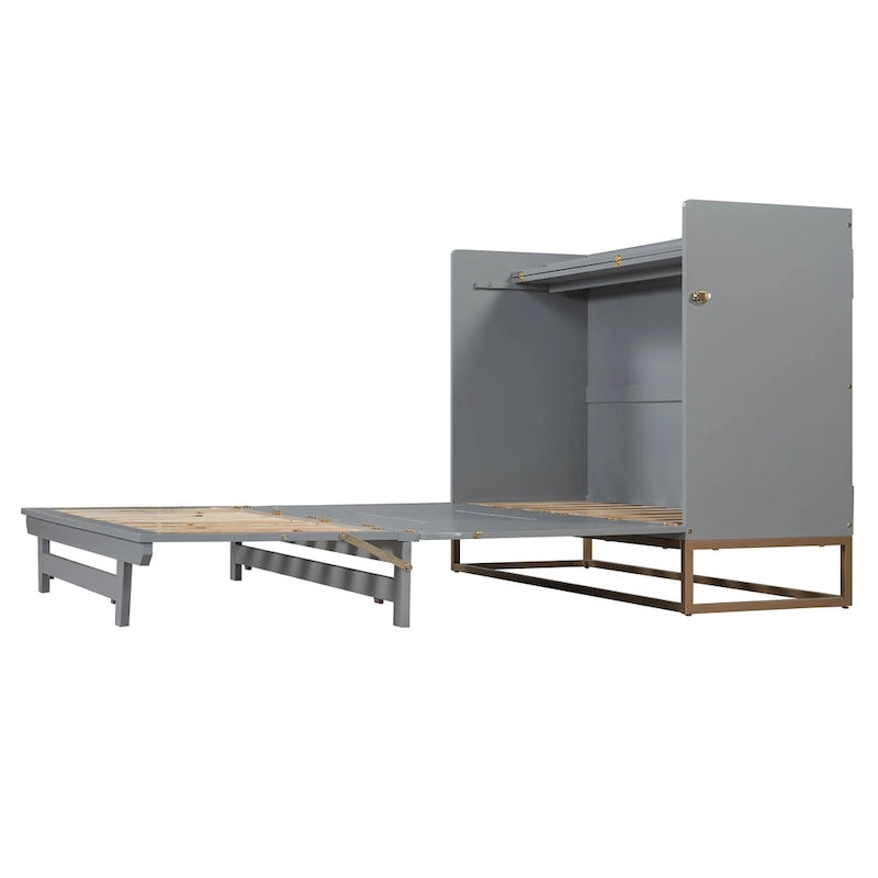 Lit escamotable Queen Size avec armoire rabattable et surface d'exposition, blanc / gris