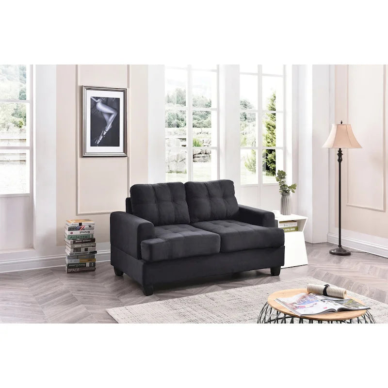 Causeuse en microsuède de style transitionnel avec dossier capitonné et assise à ressorts ensachés, vanille / noir / bleu marine / gris, 2 places