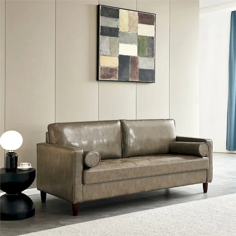 Canapé de style moderne du milieu du siècle en similicuir avec rangement, 190 cm, kaki/marron jaune, 3 places