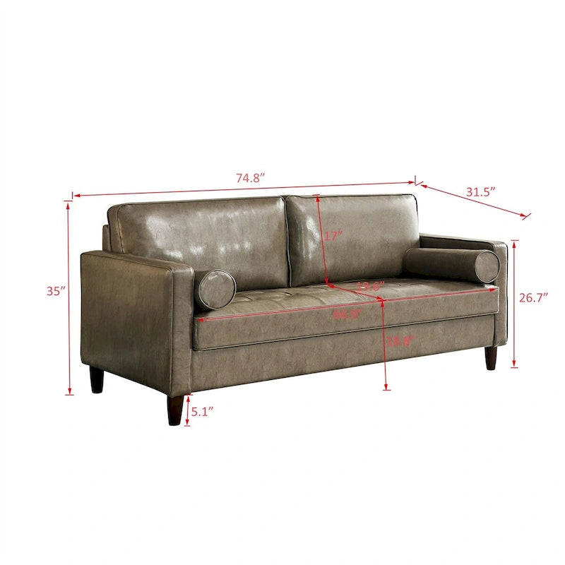 Canapé de style moderne du milieu du siècle en similicuir avec rangement, 190 cm, kaki/marron jaune, 3 places