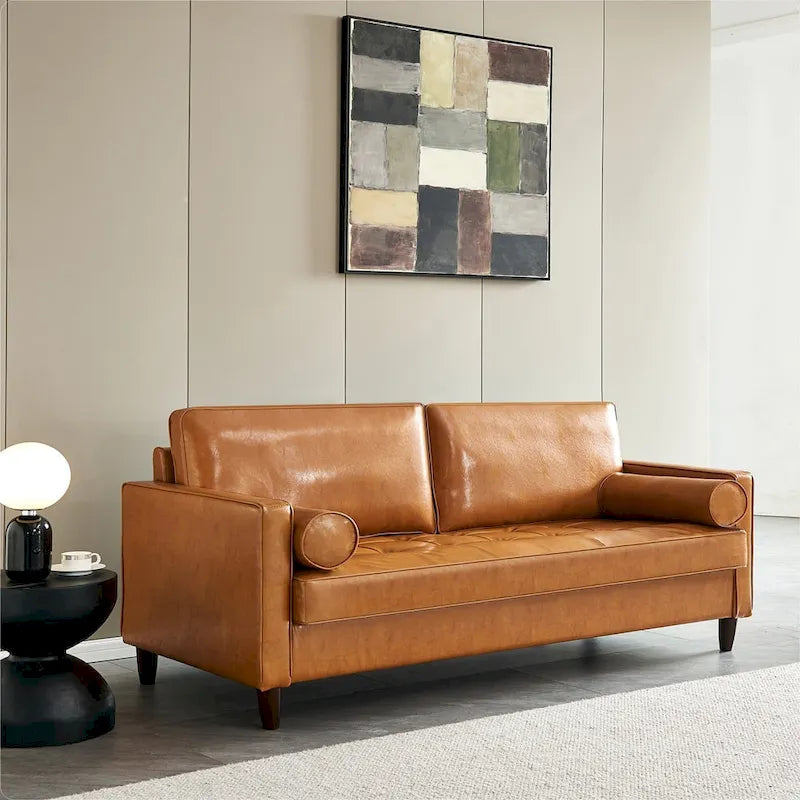 Canapé de style moderne du milieu du siècle en similicuir avec rangement, 190 cm, kaki/marron jaune, 3 places