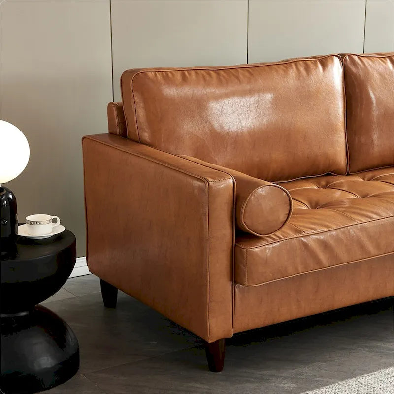 Canapé de style moderne du milieu du siècle en similicuir avec rangement, 190 cm, kaki/marron jaune, 3 places