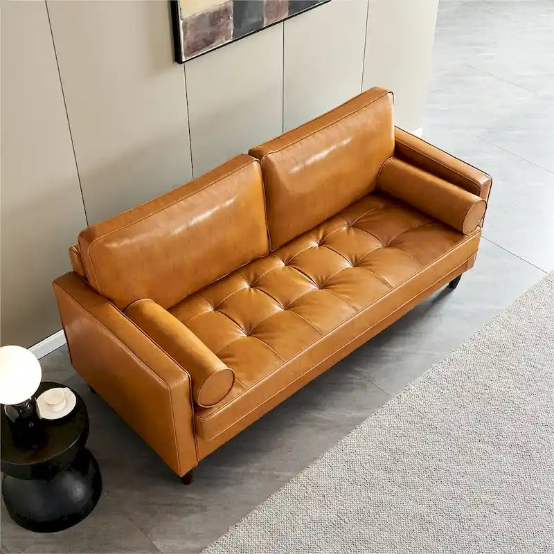 Canapé de style moderne du milieu du siècle en similicuir avec rangement, 190 cm, kaki/marron jaune, 3 places