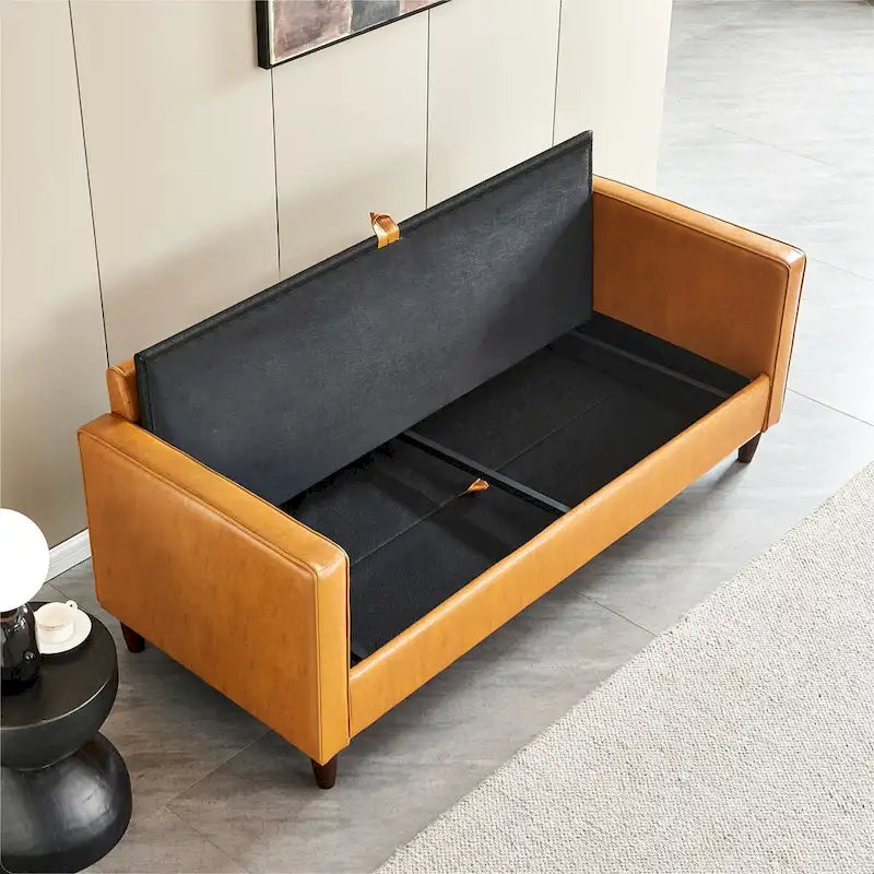 Canapé de style moderne du milieu du siècle en similicuir avec rangement, 190 cm, kaki/marron jaune, 3 places