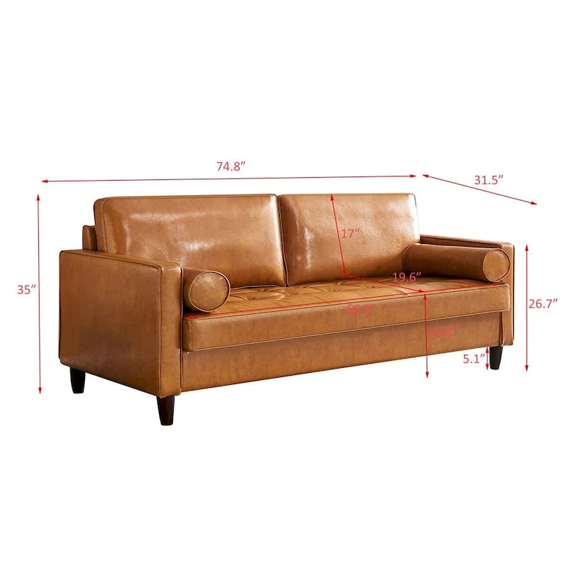 Canapé de style moderne du milieu du siècle en similicuir avec rangement, 190 cm, kaki/marron jaune, 3 places
