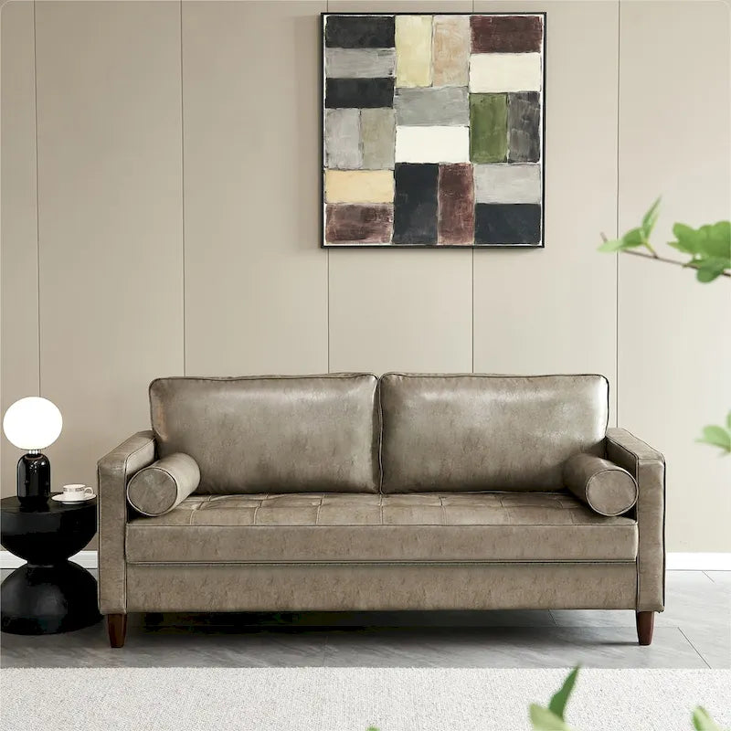 Canapé de style moderne du milieu du siècle en similicuir avec rangement, 190 cm, kaki/marron jaune, 3 places