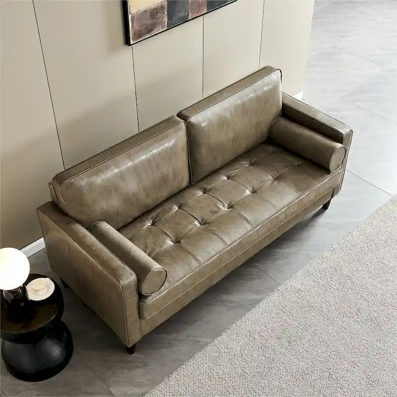 Canapé de style moderne du milieu du siècle en similicuir avec rangement, 190 cm, kaki/marron jaune, 3 places
