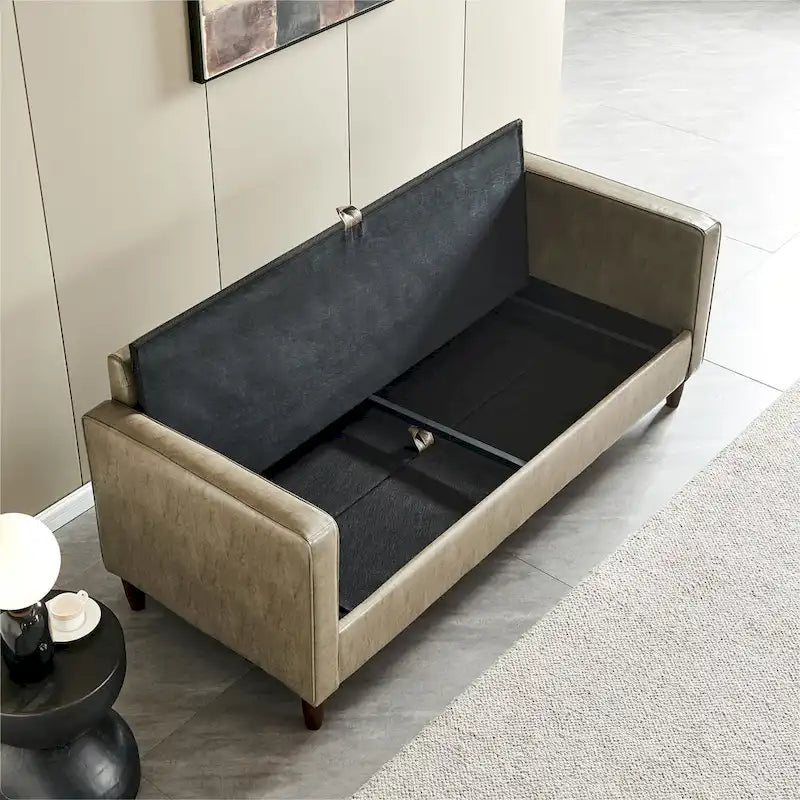 Canapé de style moderne du milieu du siècle en similicuir avec rangement, 190 cm, kaki/marron jaune, 3 places
