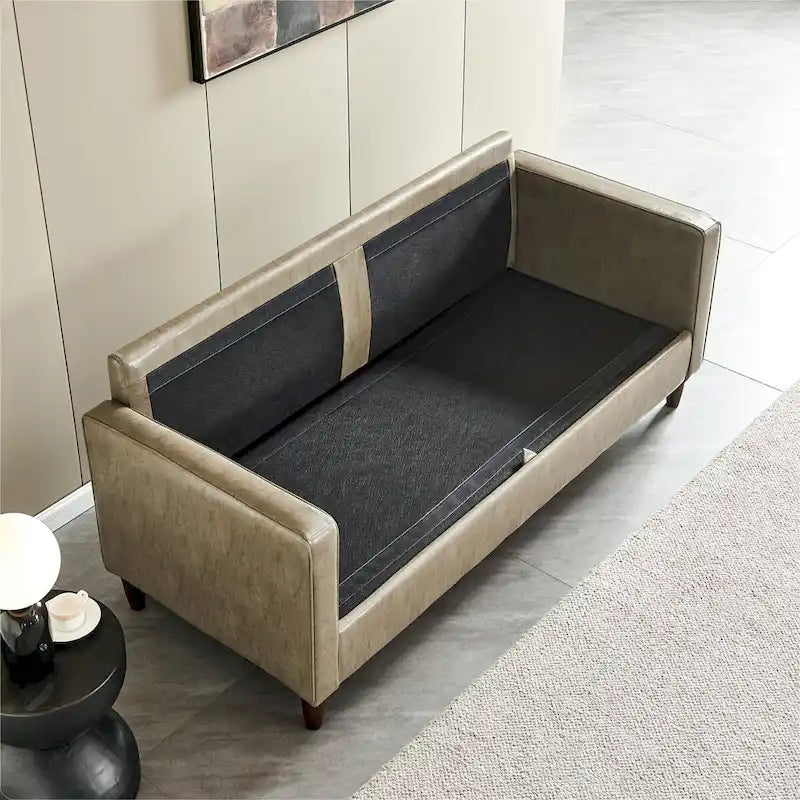 Canapé de style moderne du milieu du siècle en similicuir avec rangement, 190 cm, kaki/marron jaune, 3 places