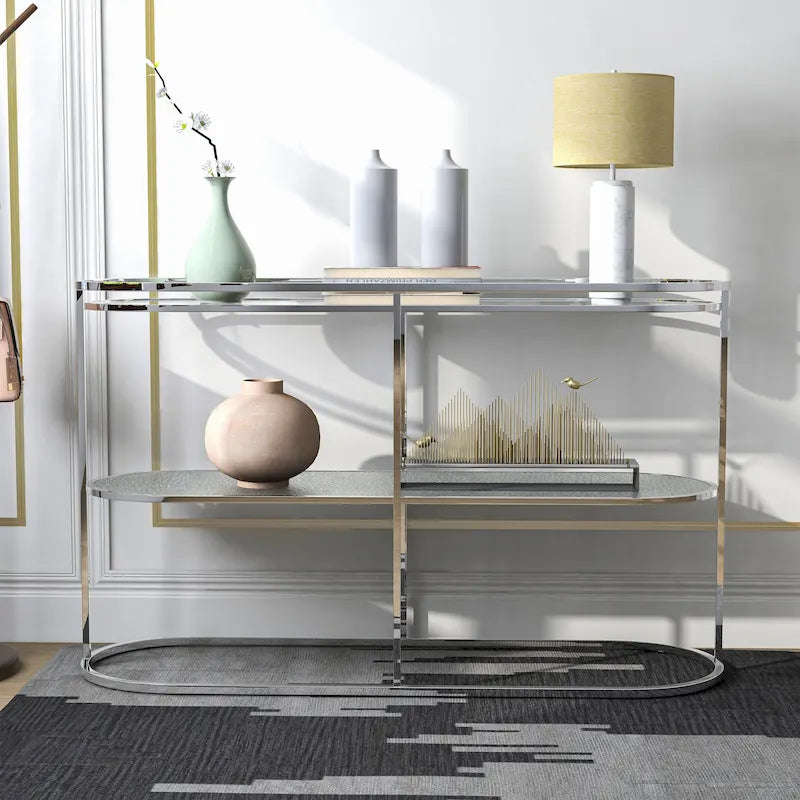 Console en chrome élégante de 122 cm avec étagère en verre à motifs, miroir effet ondulations / cascade