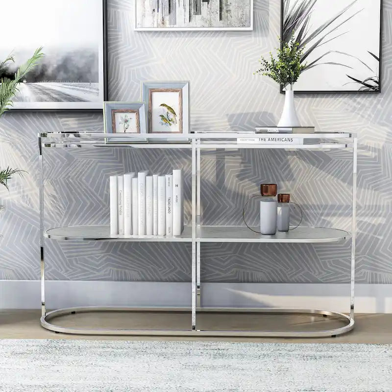 Console en chrome élégante de 122 cm avec étagère en verre à motifs, miroir effet ondulations / cascade
