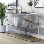 Console en chrome élégante de 122 cm avec étagère en verre à motifs, miroir effet ondulations / cascade