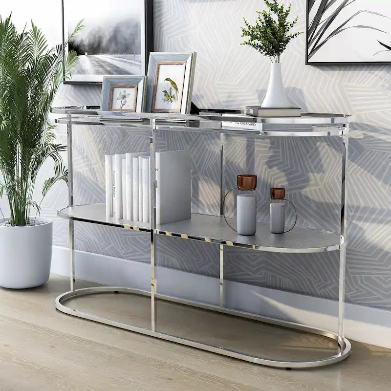Console en chrome élégante de 122 cm avec étagère en verre à motifs, miroir effet ondulations / cascade