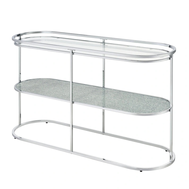 Console en chrome élégante de 122 cm avec étagère en verre à motifs, miroir effet ondulations / cascade