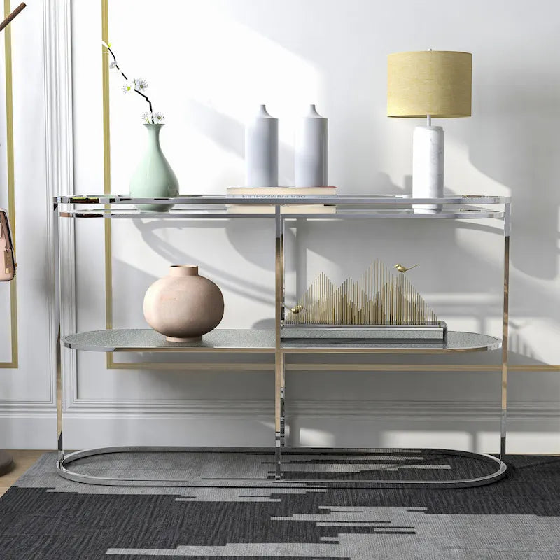 Console en chrome élégante de 122 cm avec étagère en verre à motifs, miroir effet ondulations / cascade