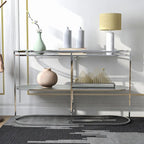 Console en chrome élégante de 122 cm avec étagère en verre à motifs, miroir effet ondulations / cascade