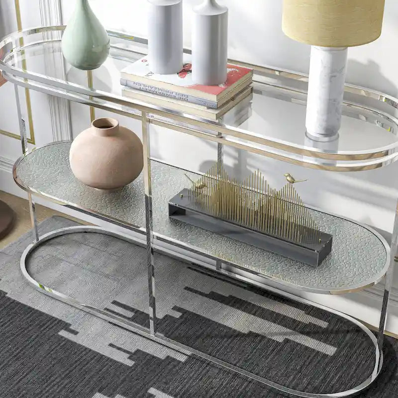 Console en chrome élégante de 122 cm avec étagère en verre à motifs, miroir effet ondulations / cascade
