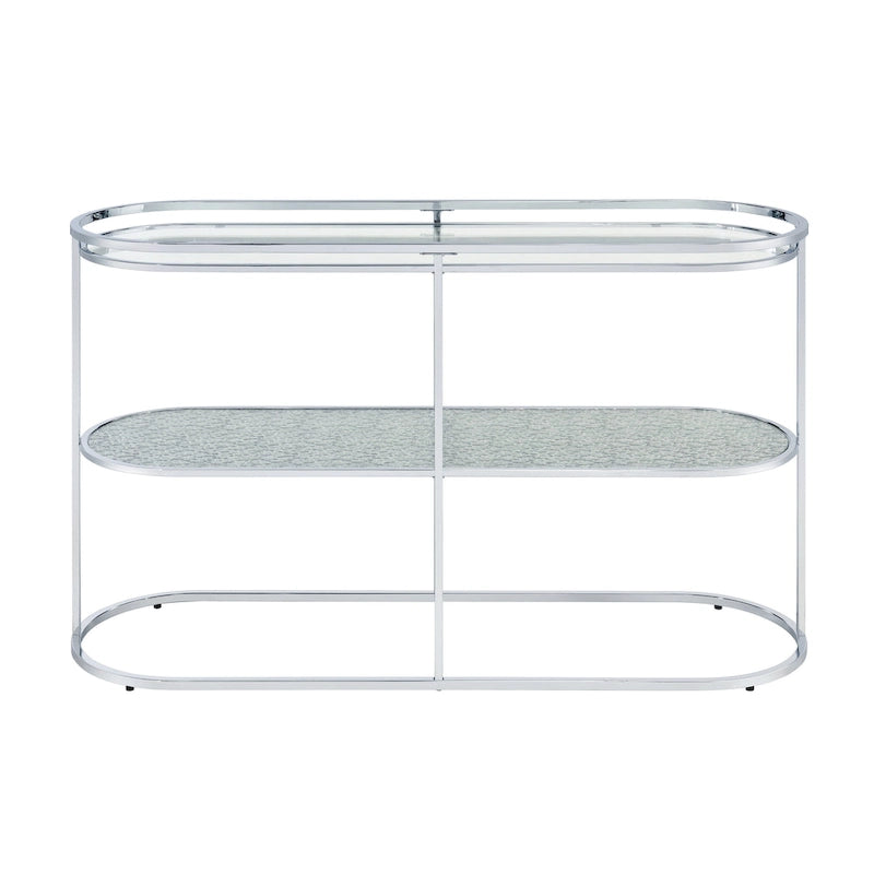 Console en chrome élégante de 122 cm avec étagère en verre à motifs, miroir effet ondulations / cascade