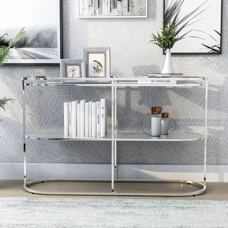 Console en chrome élégante de 122 cm avec étagère en verre à motifs, miroir effet ondulations / cascade