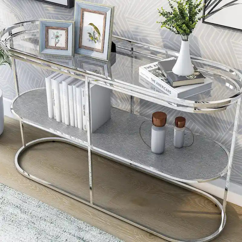 Console en chrome élégante de 122 cm avec étagère en verre à motifs, miroir effet ondulations / cascade