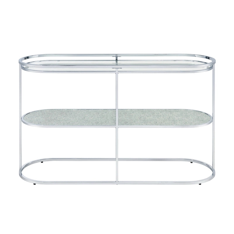 Console en chrome élégante de 122 cm avec étagère en verre à motifs, miroir effet ondulations / cascade
