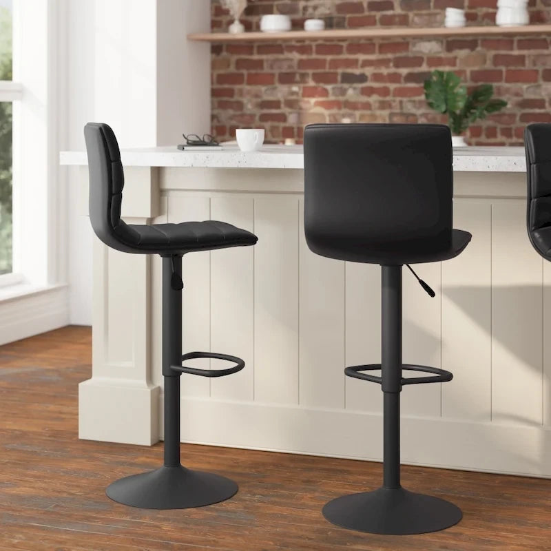 Tabouret de bar pivotant à hauteur réglable avec surpiqûres horizontales et repose-pieds, cognac / noir / gris, structure noire
