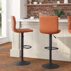 Tabouret de bar pivotant à hauteur réglable avec surpiqûres horizontales et repose-pieds, cognac / noir / gris, structure noire