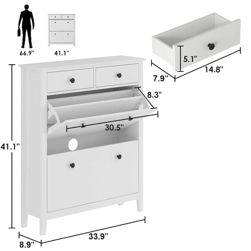Meuble à chaussures autoportant à 2 tiroirs avec rangement supérieur ouvert, blanc, style moderne