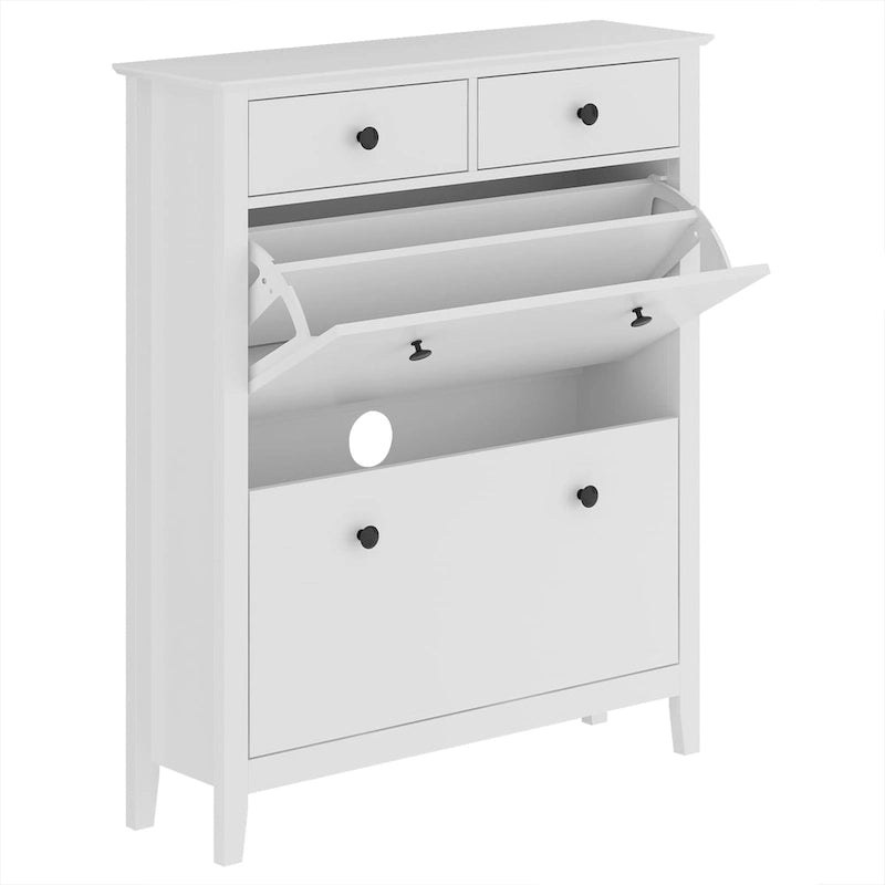 Meuble à chaussures autoportant à 2 tiroirs avec rangement supérieur ouvert, blanc, style moderne