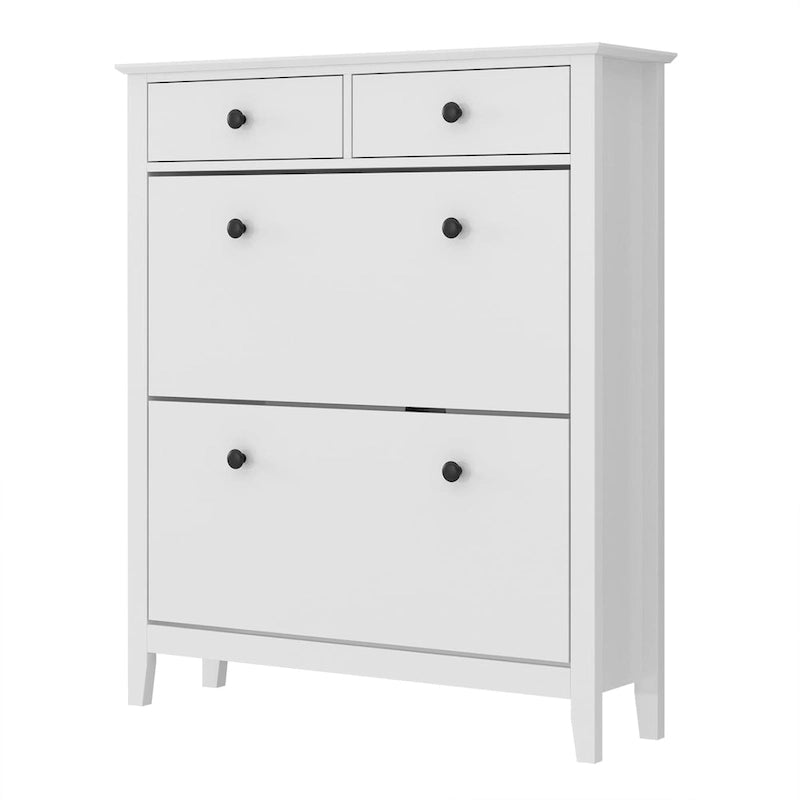 Meuble à chaussures autoportant à 2 tiroirs avec rangement supérieur ouvert, blanc, style moderne