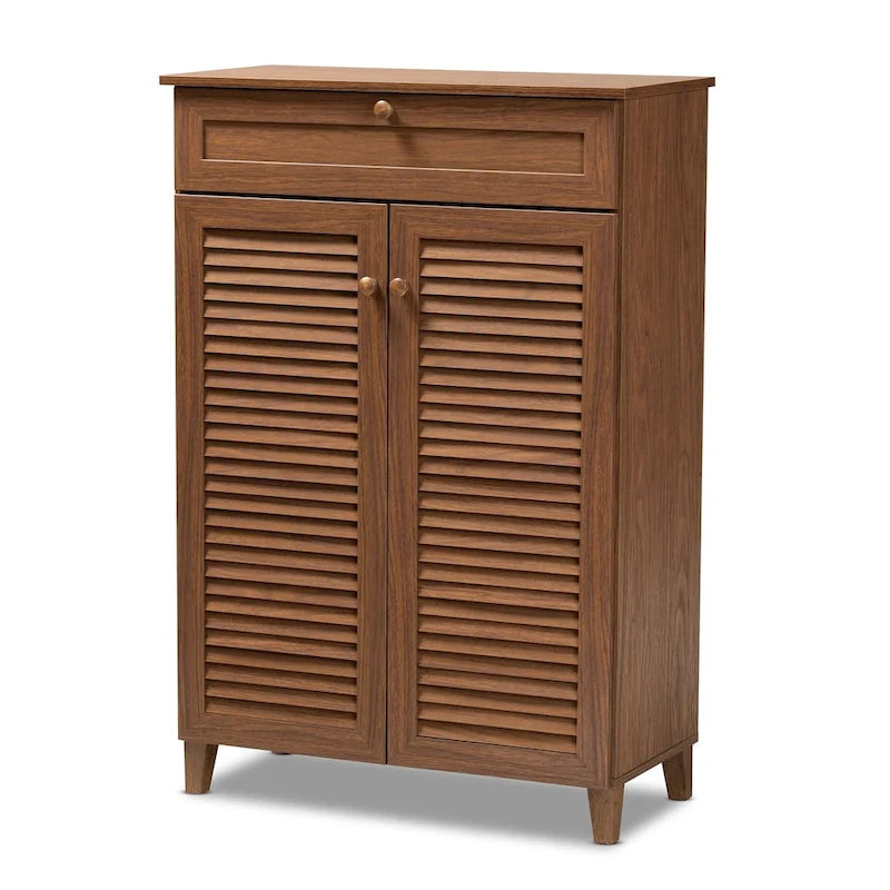 Meuble de rangement pour chaussures à 5 étagères avec 2 portes à lattes et 1 tiroir, Noyer / Gris foncé