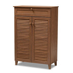 Meuble de rangement pour chaussures à 5 étagères avec 2 portes à lattes et 1 tiroir, Noyer / Gris foncé