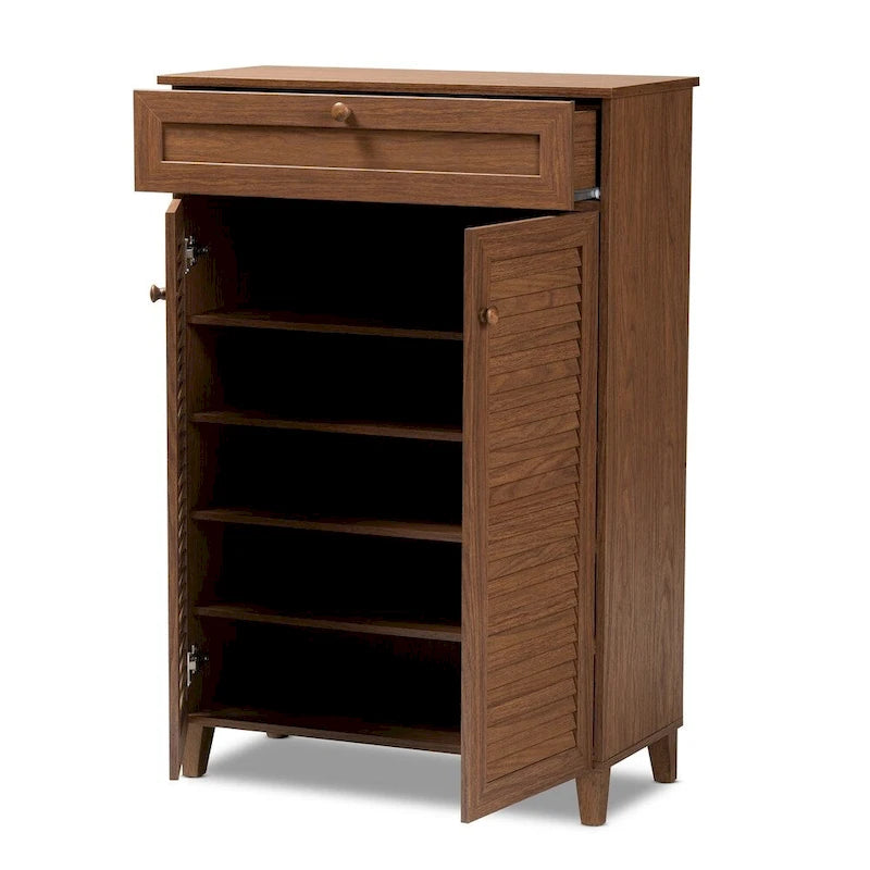 Meuble de rangement pour chaussures à 5 étagères avec 2 portes à lattes et 1 tiroir, Noyer / Gris foncé