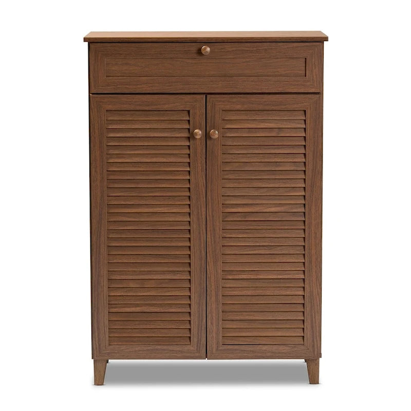 Meuble de rangement pour chaussures à 5 étagères avec 2 portes à lattes et 1 tiroir, Noyer / Gris foncé