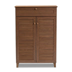 Meuble de rangement pour chaussures à 5 étagères avec 2 portes à lattes et 1 tiroir, Noyer / Gris foncé