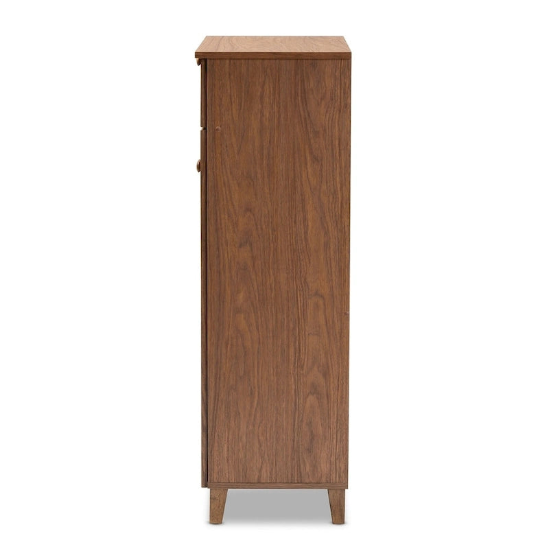 Meuble de rangement pour chaussures à 5 étagères avec 2 portes à lattes et 1 tiroir, Noyer / Gris foncé