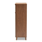 Meuble de rangement pour chaussures à 5 étagères avec 2 portes à lattes et 1 tiroir, Noyer / Gris foncé