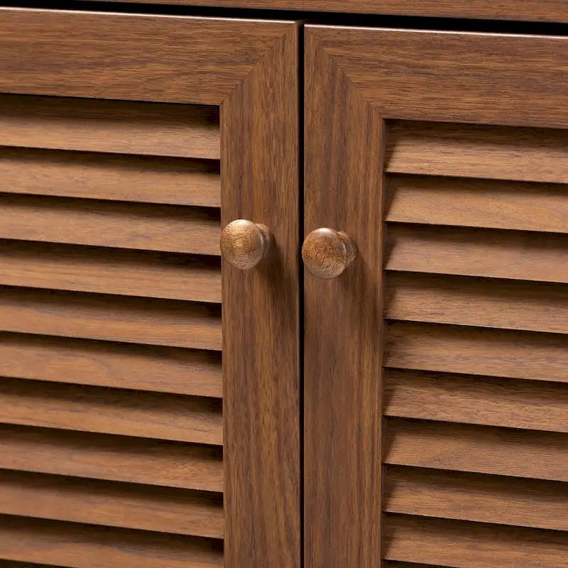 Meuble de rangement pour chaussures à 5 étagères avec 2 portes à lattes et 1 tiroir, Noyer / Gris foncé