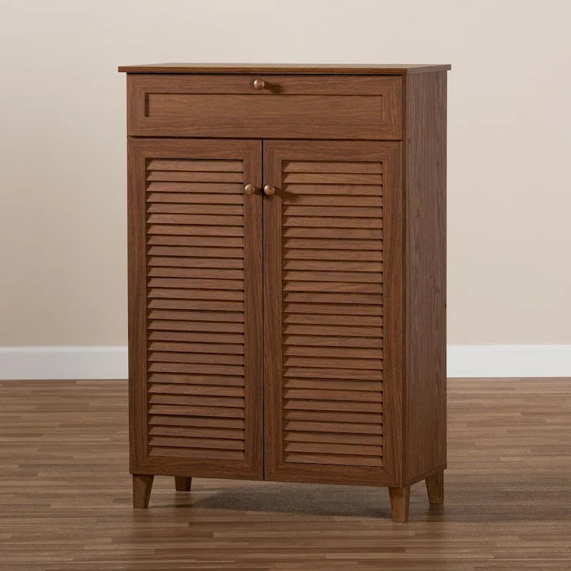 Meuble de rangement pour chaussures à 5 étagères avec 2 portes à lattes et 1 tiroir, Noyer / Gris foncé